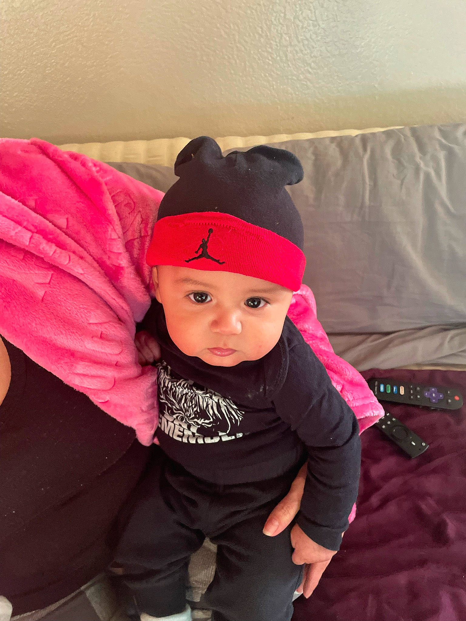 Cruz joined the competition — help win amazing prizes! baby, baby_toddler_clothing, beanie, cap, comfort, costume_hat, fashion_accessory, headgear, headwear, hood, knit_cap, magenta, outerwear, person, pink, purple, sleeve, t_shirt, textile, toddler
