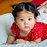 Aaliyah joined the competition — help win amazing prizes! baby, child, infant, pigtails, red_dress, flower_pattern, cute, face, eyes, skin, hands, blanket, indoors, portrait, young_child, expression, curious, soft_light, closeup, crawling