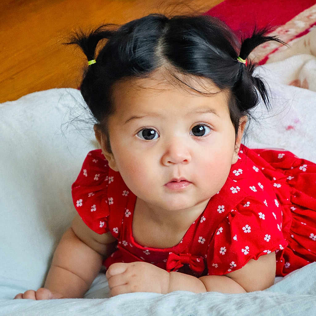 Aaliyah joined the competition — help win amazing prizes! baby, child, infant, pigtails, red_dress, flower_pattern, cute, face, eyes, skin, hands, blanket, indoors, portrait, young_child, expression, curious, soft_light, closeup, crawling
