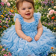 Lindsey is registered to the contest to win money with this photo: baby, child, blue_dress, flowers, garden, grass, smiling, sitting, cute, happy, portrait, outdoor, nature, colorful, dressed_up, infant, barefoot, flora, sunlight, ruffles
