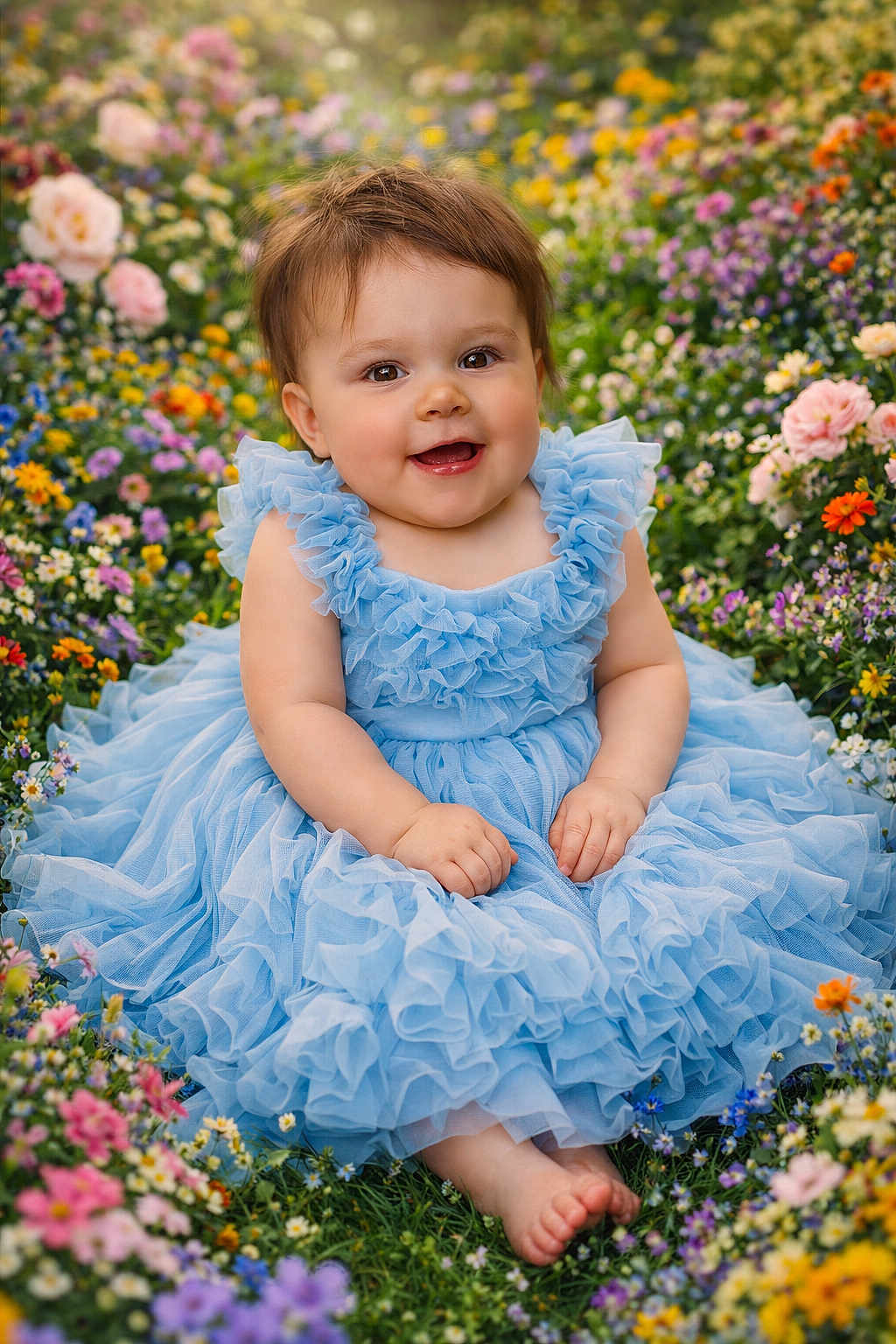 Lindsey is registered to the contest to win money with this photo: baby, child, blue_dress, flowers, garden, grass, smiling, sitting, cute, happy, portrait, outdoor, nature, colorful, dressed_up, infant, barefoot, flora, sunlight, ruffles