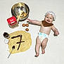Soën participe au concours pour gagner de l'argent avec cette photo : baby, infant, diaper, bib, chef_hat, smiling, happy, mixing_bowl, spoon, eggs, flour_tin, jar, chocolate_spread, crepe, pancake, flatlay, cooking, kitchen_props, white_background, playful