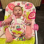 baby, child, pink_outfit, baby_rocker, colorful, bird_pattern, flower_pattern, indoor, cute, face, tongue_out, seat, straps, floor, cabinet, wooden_cabinet, playful, infant, happy, person