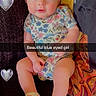 baby, child, blue_eyes, headband, flower, onesie, crocheted_shoes, couch, heart_emoji, text_overlay, cute, infant, portrait, smiling, sitting, indoors, person, fabric, colorful, happy