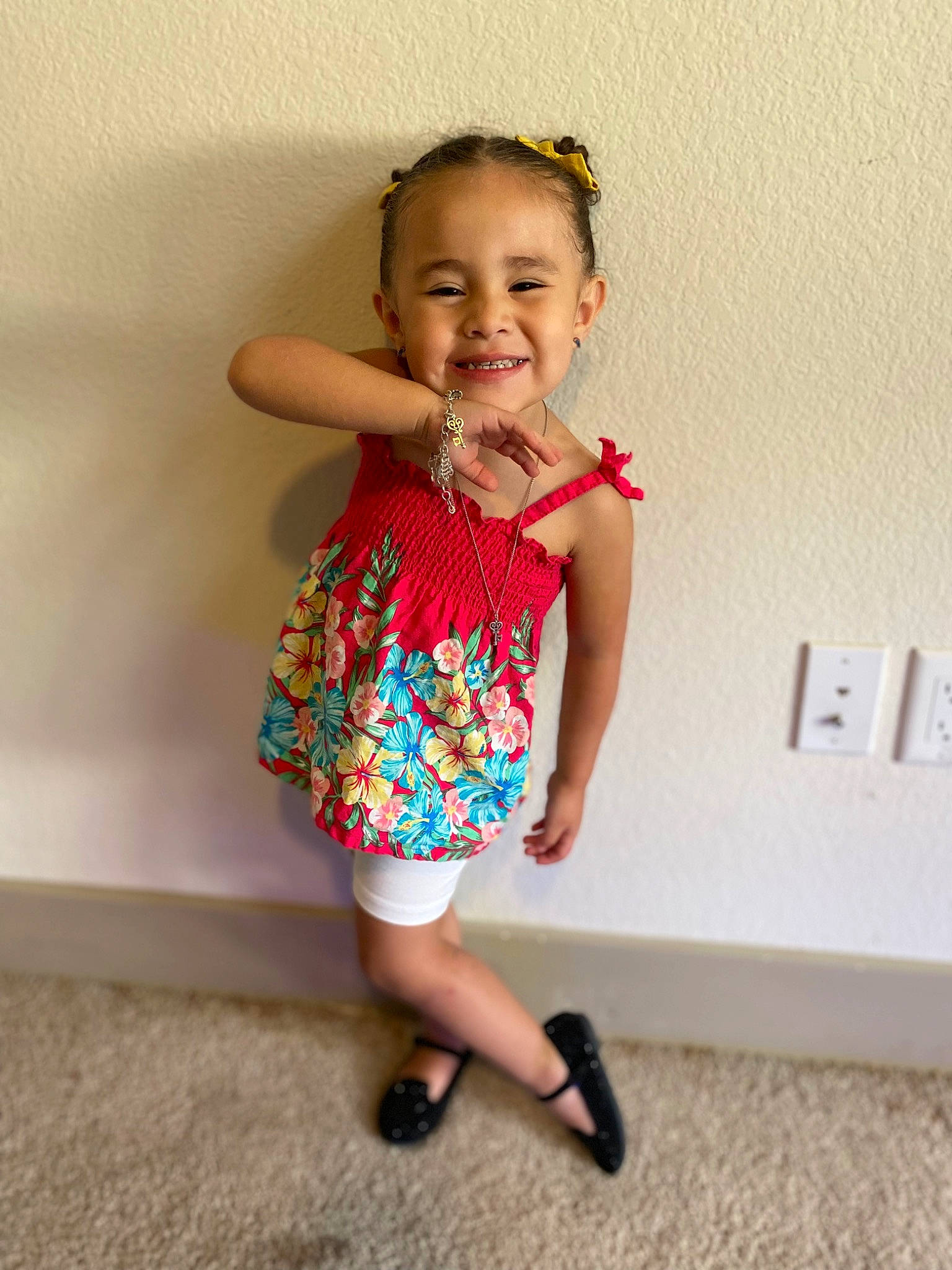 Serenity is registered to the contest to win money with this photo: baby_toddler_clothing, day_dress, dress, face, footwear, hair, hand, happy, human_body, joy, leg, one_piece_garment, person, pink, sandal, skin, sleeve, smile, standing, thigh