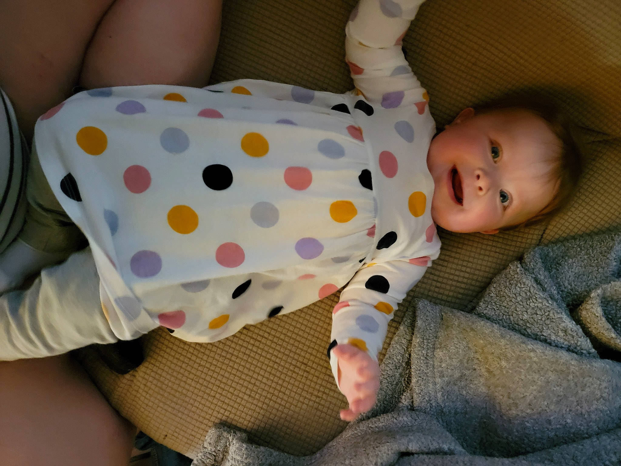 Evelyn Grace joined the competition — help win amazing prizes! baby, baby_products, baby_safety, baby_sleeping, baby_toddler_clothing, child, comfort, elbow, gesture, head, infant_bodysuit, joy, linens, nail, nightwear, pattern, person, polka_dot, sitting, sleeve
