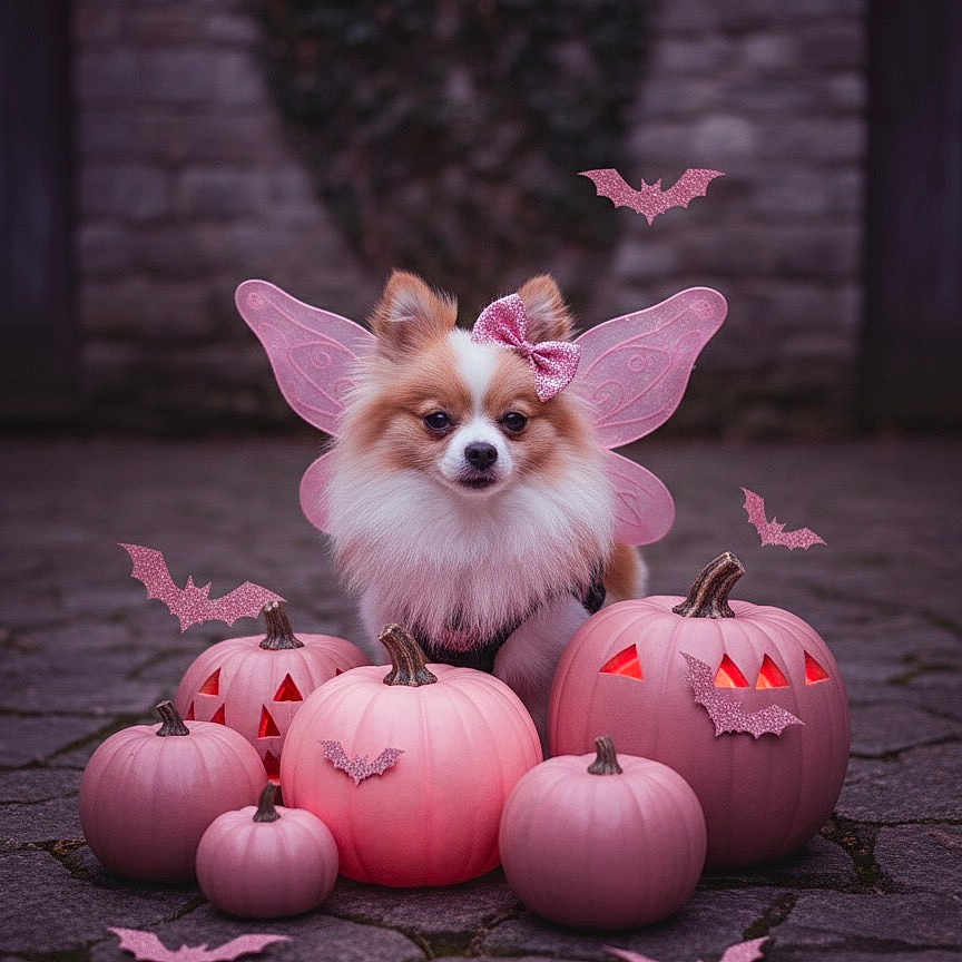 Ginger Snapps is registered to the contest to win money with this photo: animal, costume, cute, decorations, dog, fairy_wings, fall, fantasy, festive, glitter_bats, halloween, holiday, outdoor, pet, pink_bow, pink_pumpkins, pomeranian, portrait, pumpkins, stone_floor