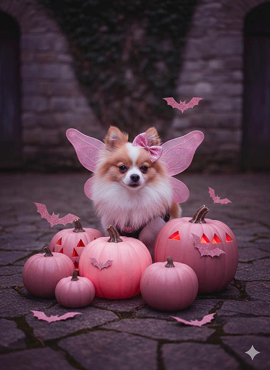 Ginger Snapps is registered to the contest to win money with this photo: dog, pomeranian, fairy_wings, pink_bow, pumpkins, pink_pumpkins, glitter_bats, halloween, costume, cute, outdoor, stone_floor, decorations, festive, animal, pet, portrait, fall, holiday, fantasy