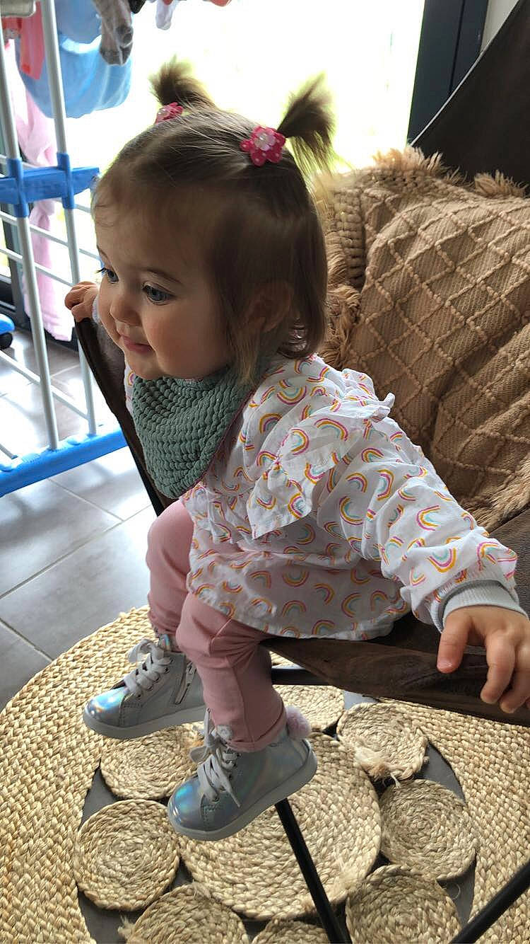 Eleana participe au concours pour gagner de l'argent avec cette photo : baby_toddler_clothing, beauty, child, couch, fashion_accessory, floor, flooring, hairstyle, human_leg, pattern, person, sandal, shoe, sitting, skin, sleeve, sneakers, sock, textile, toddler
