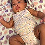 Cimani joined the competition — help win amazing prizes! baby, infant, child, blanket, heart_pattern, floral_clothing, onesie, soft_texture, cute, skin, foot, arm, face, lying_down, indoors, comfort, relaxed, expression, curious, human
