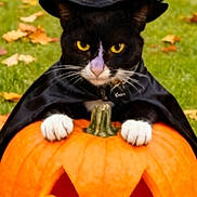 Babygirl joined the competition — help win amazing prizes! cat, black_and_white_cat, witch_hat, witch_costume, cape, halloween, pumpkin, jack_o_lantern, autumn, outdoor, grass, orange, portrait, animal, pet, whiskers, yellow_eyes, sitting, phone_screenshot, wallpaper