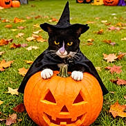 Baby is registered to the contest to win money with this photo: cat, black_and_white_cat, witch_hat, costume, halloween, pumpkin, jack_o_lantern, autumn, fallen_leaves, garden, grass, outdoor, spooky, holiday, pet, animal, yellow_eyes, portrait, centered_composition, seasonal_decoration