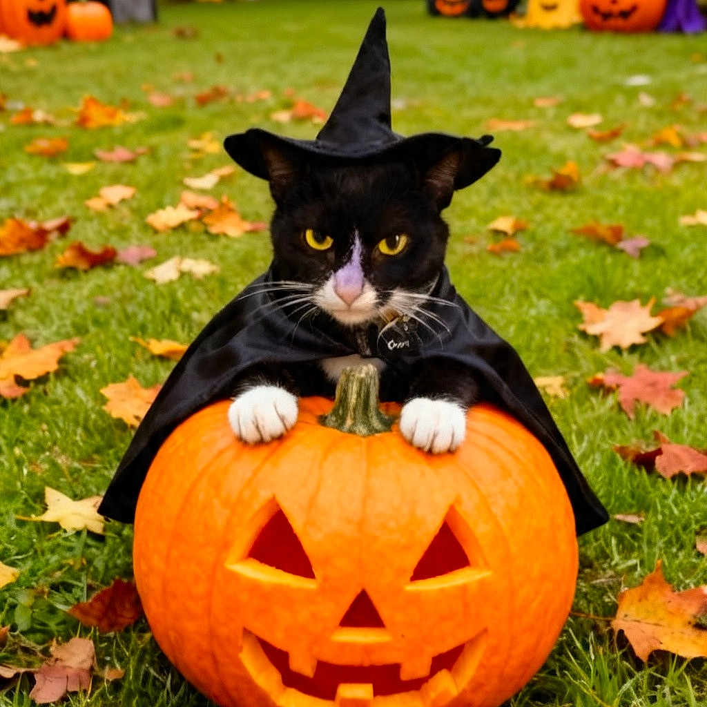 Baby is registered to the contest to win money with this photo: cat, black_and_white_cat, witch_hat, costume, halloween, pumpkin, jack_o_lantern, autumn, fallen_leaves, garden, grass, outdoor, spooky, holiday, pet, animal, yellow_eyes, portrait, centered_composition, seasonal_decoration
