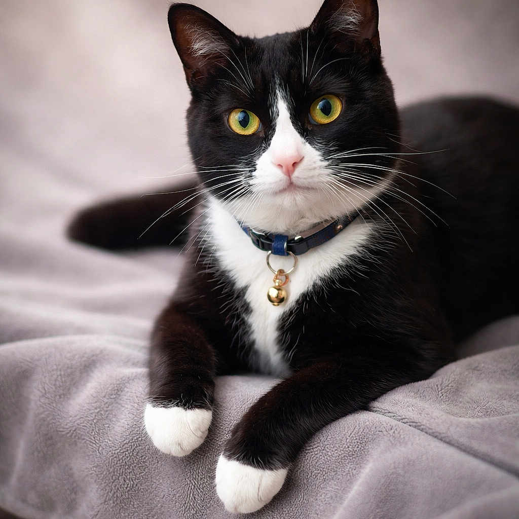 Baby is registered to the contest to win money with this photo: cat, tuxedo_cat, pet, animal, feline, collar, bell, yellow_eyes, black_and_white, whiskers, paws, soft_blanket, indoor, cute, relaxed, portrait, close_up, fur, alert, domestic_cat