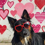 King joined the competition — help win amazing prizes! accessory, animal, black_dog, brown_fur, close_up, cute, dog, fashion, graffiti, heart_graffiti, heart_shaped_sunglasses, long_fur, love, outdoor, pet, portrait, sunglasses, sunlight, valentines, wall