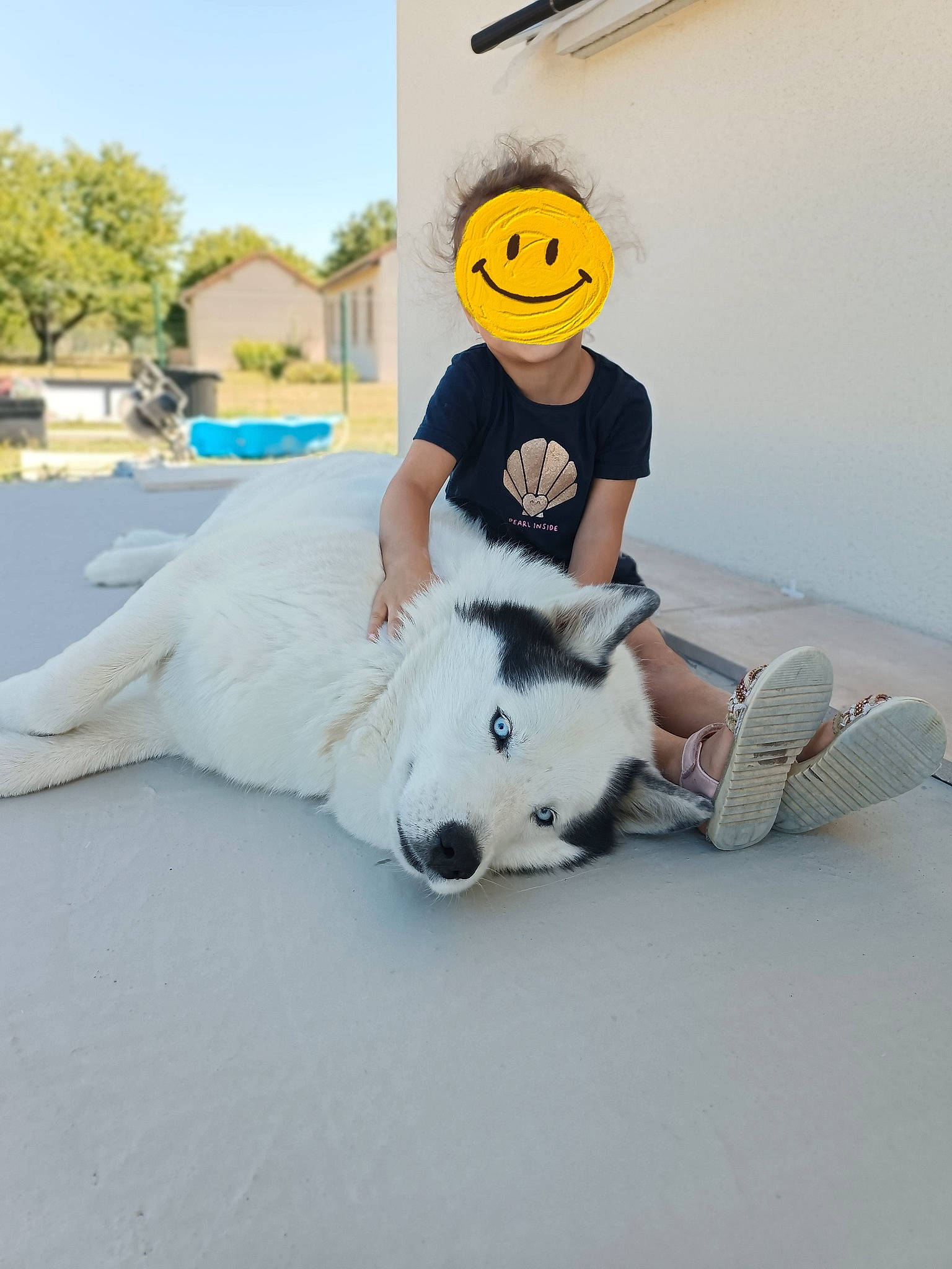 Mila participe au concours pour gagner de l'argent avec cette photo : animation, companion_dog, costume, flooring, fun, fur, glove, happy, human_leg, knee, leisure, personal_protective_equipment, plush, recreation, sitting, sky, stuffed_toy, t_shirt, toy, tree