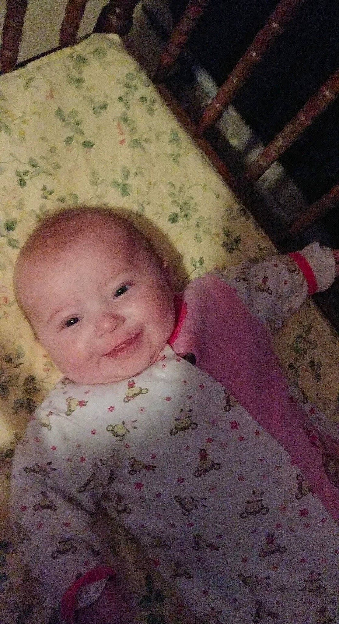 Alaina is registered to the contest to win money with this photo: baby, baby_laughing, baby_toddler_clothing, cheek, child, eyebrow, iris, joy, laugh, linens, peach, person, pink, pleased, textile