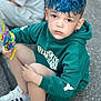 Matthias joined the competition — help win amazing prizes! child, blue_hair, hoodie, sneakers, snack, sitting, pavement, casual_clothing, outdoor, person, young, shorts, holding, street, food, expression, looking_at_camera, daylight, curly_hair, fashion