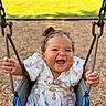 baby, chains, child, curly_hair, cute, dress, happy, infant, joyful, nature, outdoor, pacifier, park, person, playground, seat, smiling, sunlight, swing, wood_chips