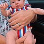 Arbour Grace joined the competition — help win amazing prizes! baby, infant, child, adult_hand, beard, striped_clothing, car_interior, seat, person, holding, portrait, skin, cute, red_white_blue, patterned_shirt, human, closeup, legs, feet, expression