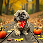 Leo joined the competition — help win amazing prizes! dog, puppy, bandana, red, autumn, fall_leaves, pumpkin, wooden_path, outdoor, cute, fluffy, seasonal, nature, park, leaf_litter, brown, orange, forest, small_pumpkin, pet
