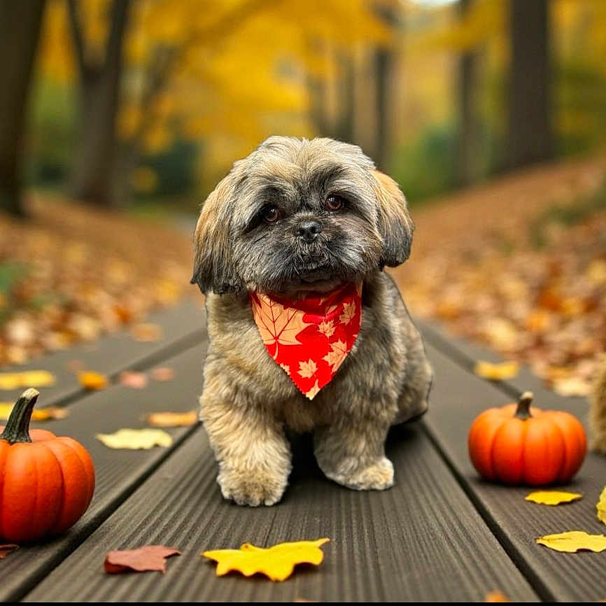 Leo joined the competition — help win amazing prizes! autumn, bandana, brown, cute, dog, fall_leaves, fluffy, forest, leaf_litter, nature, orange, outdoor, park, pet, pumpkin, puppy, red, seasonal, small_pumpkin, wooden_path
