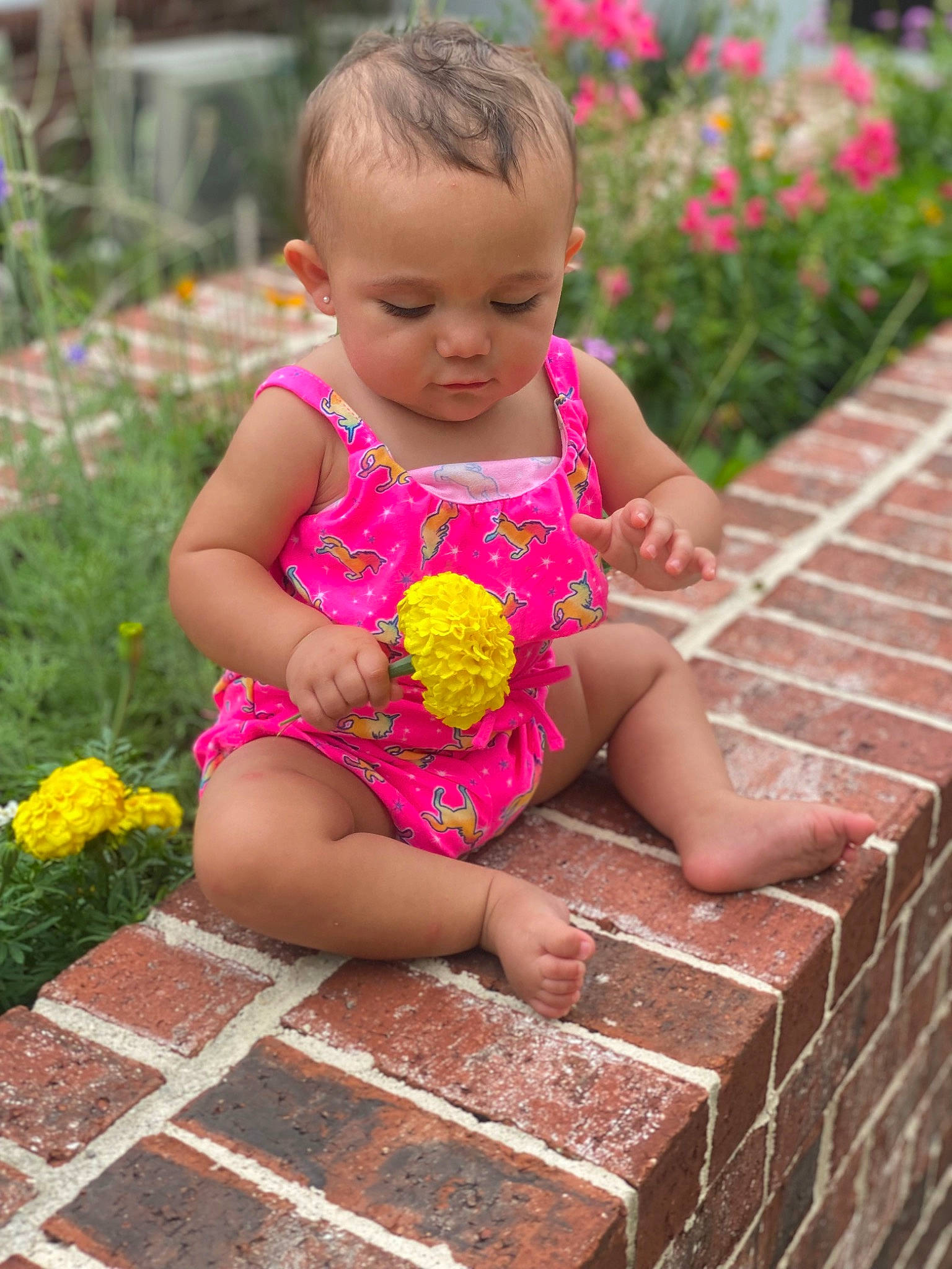 Princess is registered to the contest to win money with this photo: baby_toddler_clothing, dress, finger, flower, grass, green, hand, happy, head, leaf, leisure, orange, people, people_in_nature, person, photograph, pink, plant, red, skin