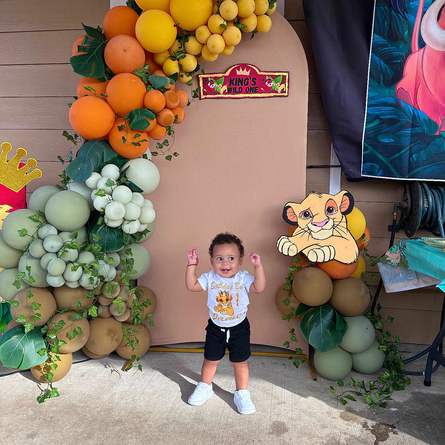 James is registered to the contest to win money with this photo: balloons, birthday, black_shorts, cartoon, celebration, child, clothing, concrete_floor, cute, decorations, festive, greenery, happy, lion, outdoor, party, smiling, standing, toddler, white_shoes