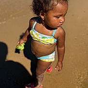 Zalaya joined the competition — help win amazing prizes! beach, child, curly_hair, cute, earrings, footwear, outdoor, person, play, red_shoes, sand, shadow, skin, summer, sunlight, swimsuit, toddler, toy, vacation, water