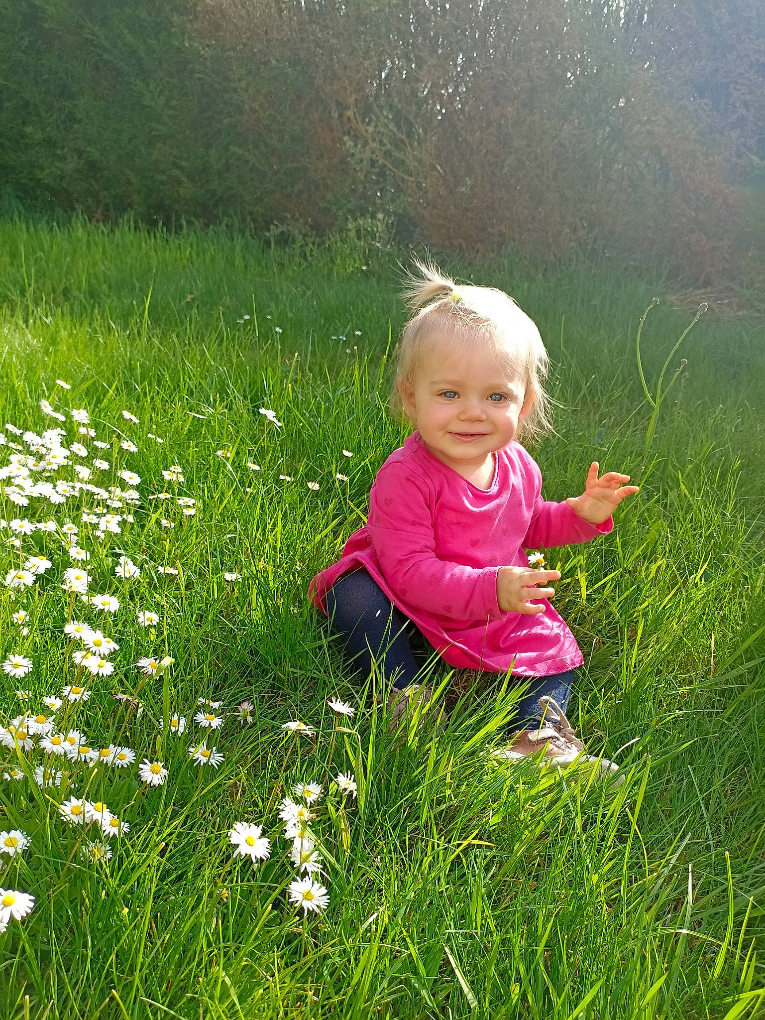 Alyssa participe au concours pour gagner de l'argent avec cette photo : baby, baby_toddler_clothing, botany, flower, grass, grass_family, grassland, groundcover, happy, joy, leaf, meadow, natural_landscape, nature, people_in_nature, person, petal, plant, smile, sunlight
