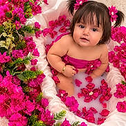 Georgina is registered to the contest to win money with this photo: baby, child, infant, portrait, smiling, sitting, flowers, pink_flowers, flower_crown, hair_bows, floral_arrangement, milk_bath, petals, blanket, outdoor_style, close_up, adorable, bare_shoulders, bracelet, photography