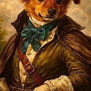 Jasper joined the competition — help win amazing prizes! dog, portrait, painting, historical_clothing, bow_tie, gloves, belt, sword, goblet, coat, aristocratic, vintage_style, fur, brown, detailed, art, costume, character, background, outdoor