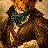 dog, portrait, painting, historical_clothing, bow_tie, gloves, belt, sword, goblet, coat, aristocratic, vintage_style, fur, brown, detailed, art, costume, character, background, outdoor