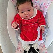 Amelia a rejoint le concours — aidez-le/la à gagner de superbes lots ! baby, infant, child, red_dress, white_collar, baby_shoes, baby_seat, floral_pattern, cushion, indoors, cute, soft_toys, sitting, portrait, young_child, clothing, baby_fashion, comfort, pink, white