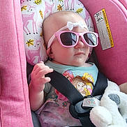 Ivey is registered to the contest to win money with this photo: adorable, baby, car_interior, car_seat, child, clothing, cute, fashion, headband, infant, pink, plush_toy, portrait, safety, seat, seatbelt, smile, sunglasses, toy, young_child