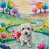 Lil Girl is registered to the contest to win money with this photo: art, clouds, colorful, cute, dog, flowers, fluffy, grass, hills, landscape, nature, painting, pastel_colors, river, scarf, scenic, sun, trees, watercolor, whimsical