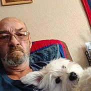 Lil Girl is registered to the contest to win money with this photo: bald, beard, casual_clothing, companion, couch, dog, framed_picture, furry_pet, glasses, home, indoor, man, pet, pillow, portrait, relaxing, senior, snuggling, wall_art, white_dog