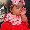 baby, child, tutu, red, pink, headband, bow, thumb_sucking, cute, infant, clothing, pattern, cherry, sitting, portrait, indoor, curly_hair, closeup, happy, fashion