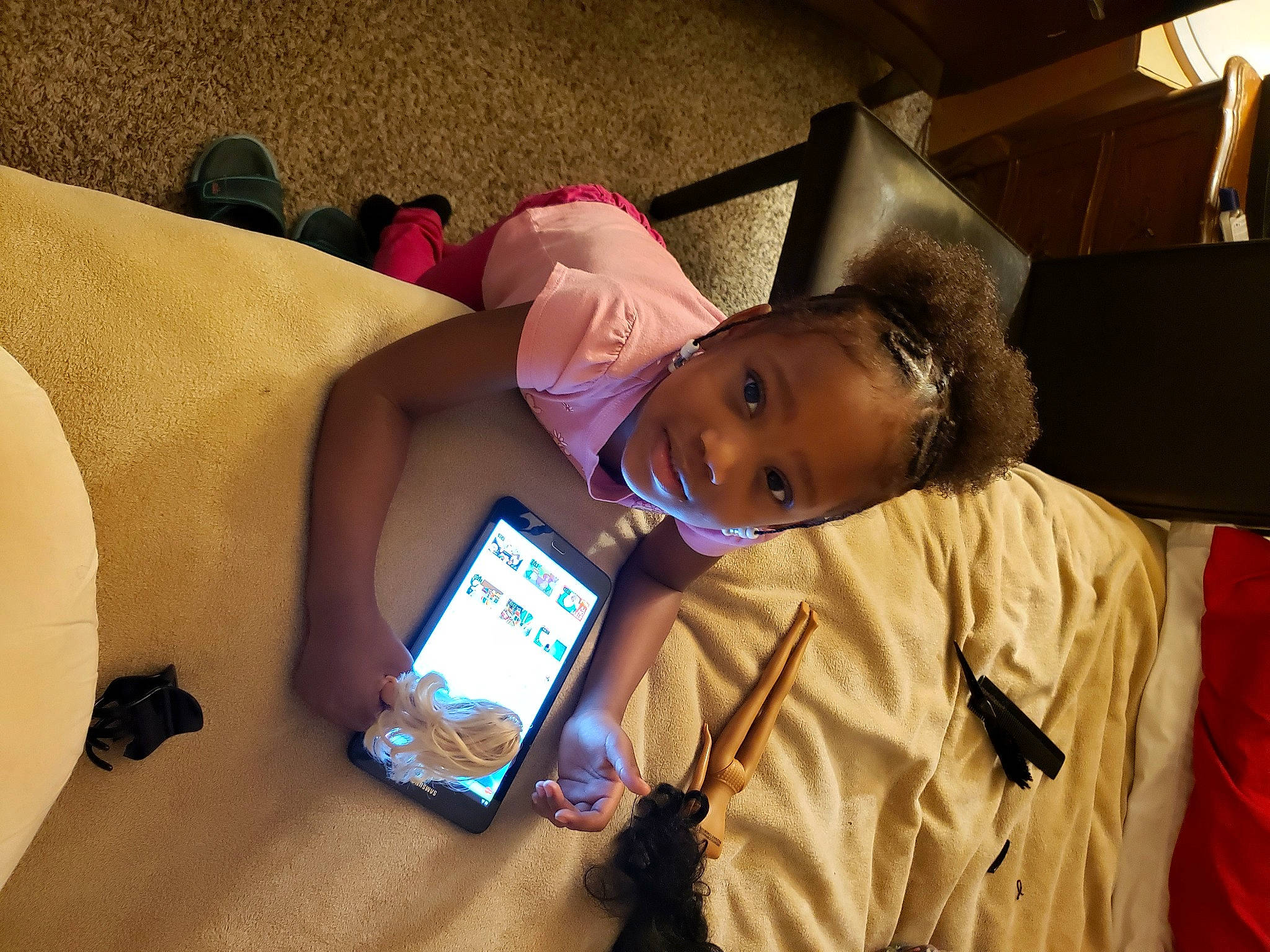 Skylyn joined the competition — help win amazing prizes! child, comfort, communication_device, event, fun, gadget, linens, magenta, person, room, sitting