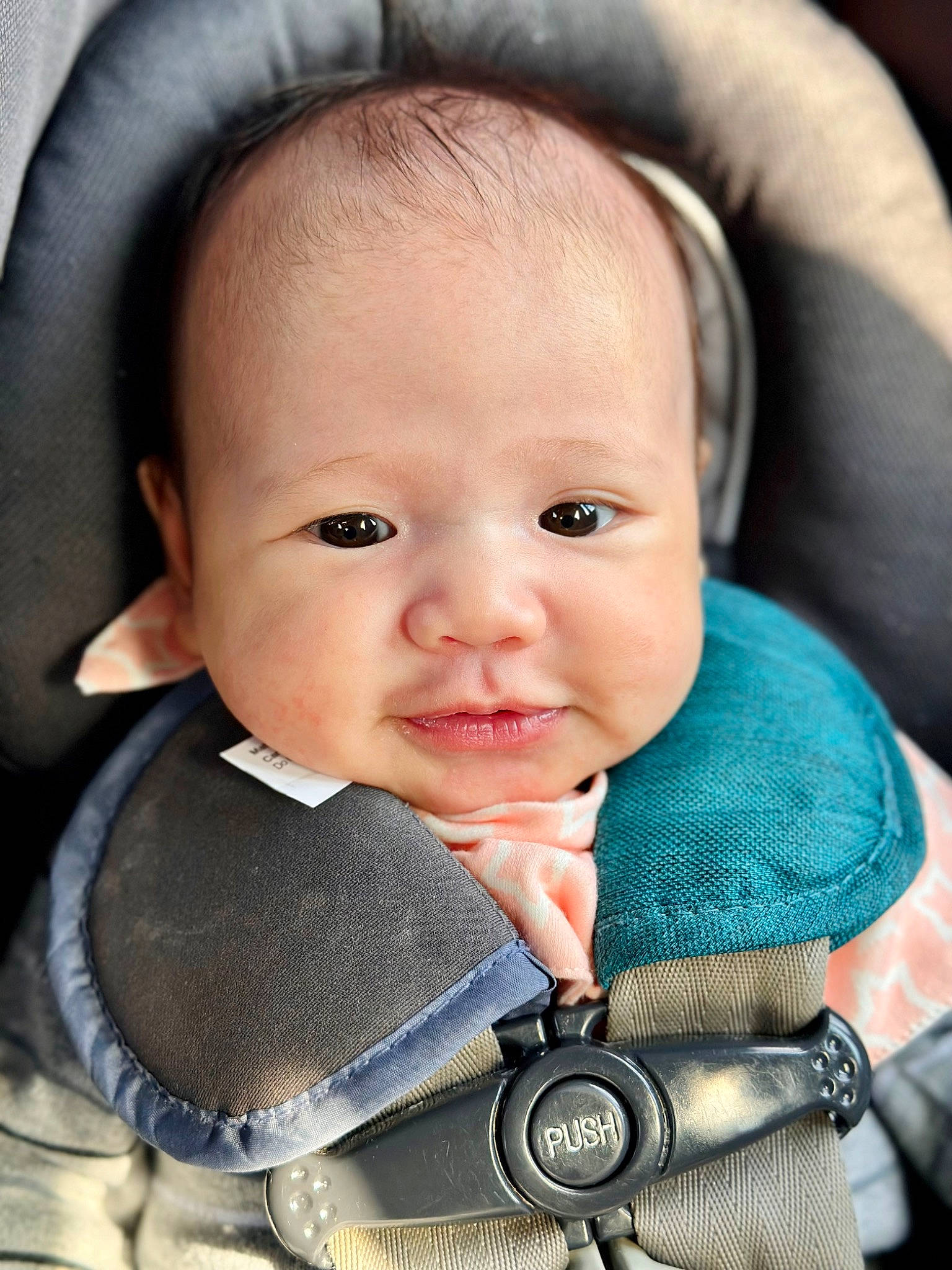 Chloe joined the competition — help win amazing prizes! baby, baby_carriage, baby_in_car_seat, baby_products, baby_toddler_clothing, cheek, child, comfort, eye, eyebrow, eyelash, happy, head, iris, nail, nose, person, skin, smile, textile