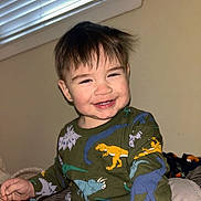 Sebastian joined the competition — help win amazing prizes! toddler, child, smiling, indoor, dinosaur_shirt, clothing, face, hair, window_blind, light, expression, person, young_child, cute, happy, casual, portrait, sitting, playful, room