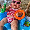 Avery is registered to the contest to win money with this photo: baby, infant, sunglasses, swimsuit, inflatable_pool, water, summer, child, pink, blue, toy, playful, outdoor, fun, happy, smiling, chubby, legs, seat, concrete