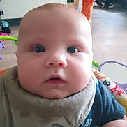 Lochlann joined the competition — help win amazing prizes! baby, infant, close_up, face, bib, clothing, toy, baby_seat, indoor, child, person, cute, chubby_cheeks, expression, curious, young_child, soft_light, blurred_background, home, casual