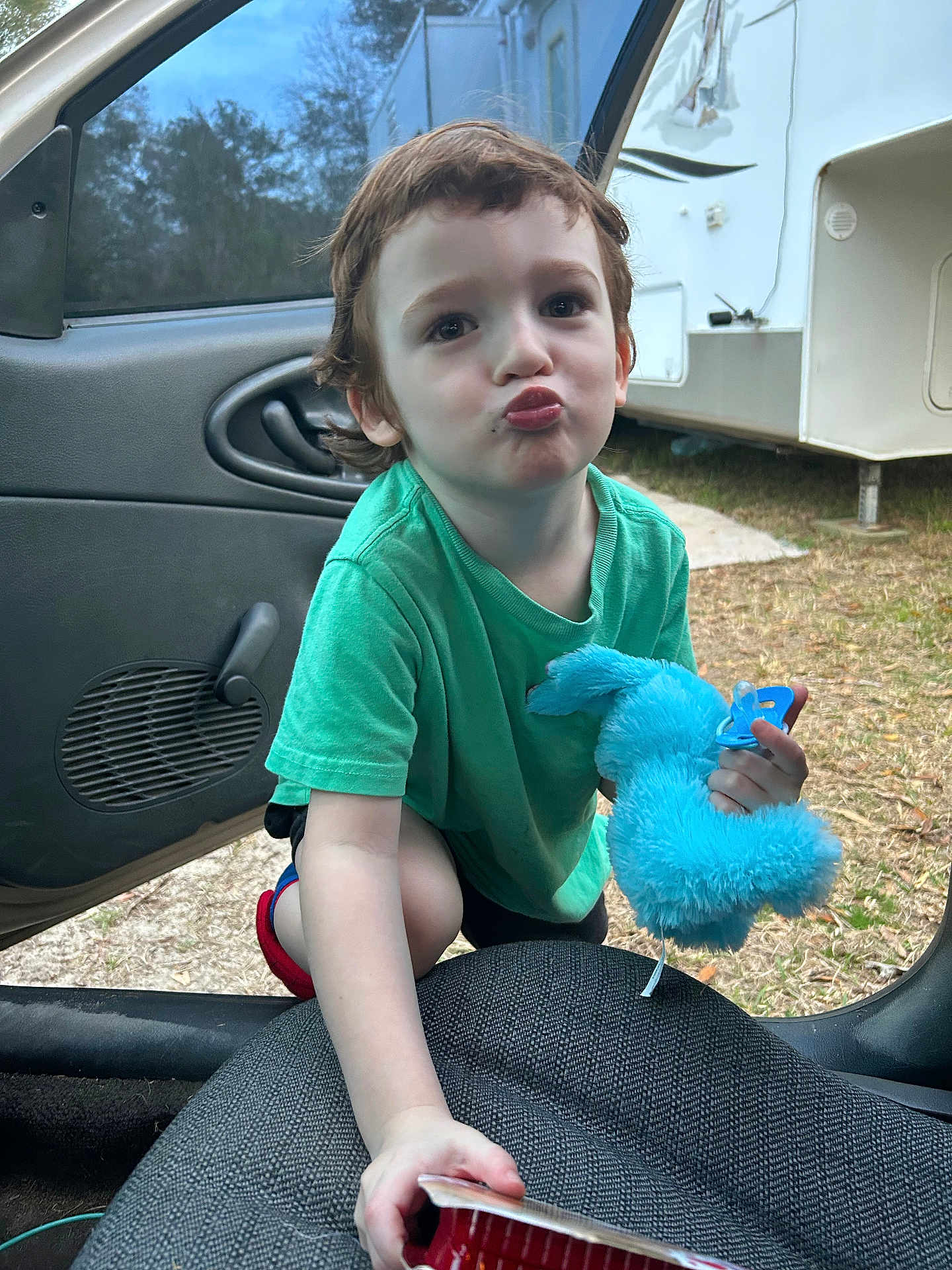 Eli is registered to the contest to win money with this photo: child, toddler, green_shirt, stuffed_toy, blue_toy, pacifier, car_door, car_seat, outdoor, grass, camper, playful, pout, young_child, person, short_hair, daylight, casual, cute, toy