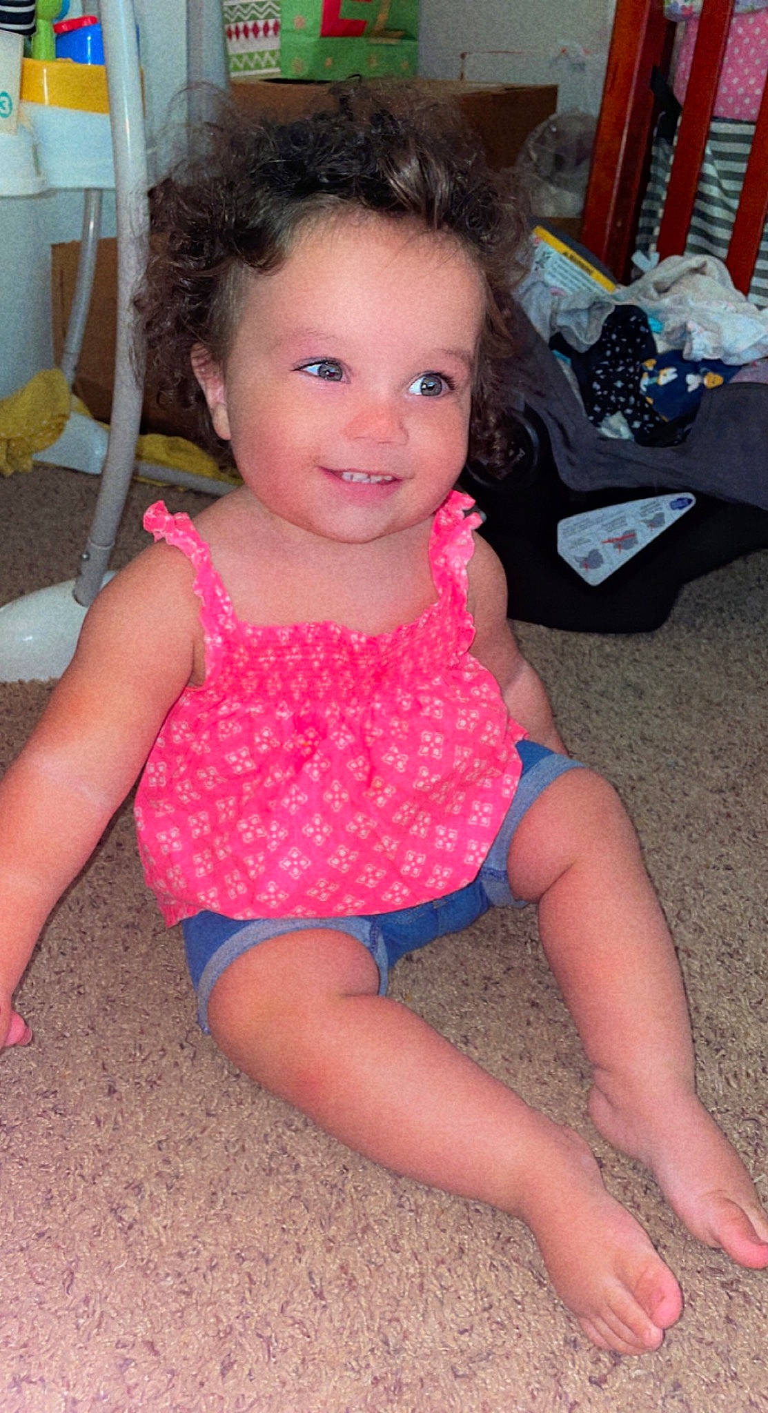 Ella joined the competition — help win amazing prizes! baby_toddler_clothing, cheek, eye, face, facial_expression, finger, fun, hair, happy, head, iris, joy, leg, mouth, neck, person, pink, shoulder, skin, smile