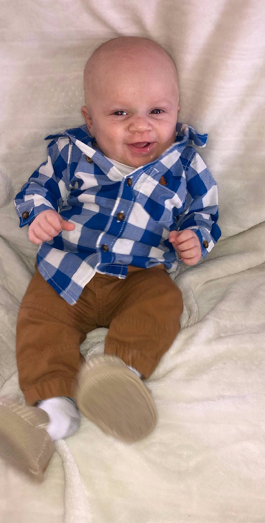 Alec joined the competition — help win amazing prizes! baby, baby_toddler_clothing, cheek, child, head, pattern, person, plaid, sitting, skin, textile, toddler