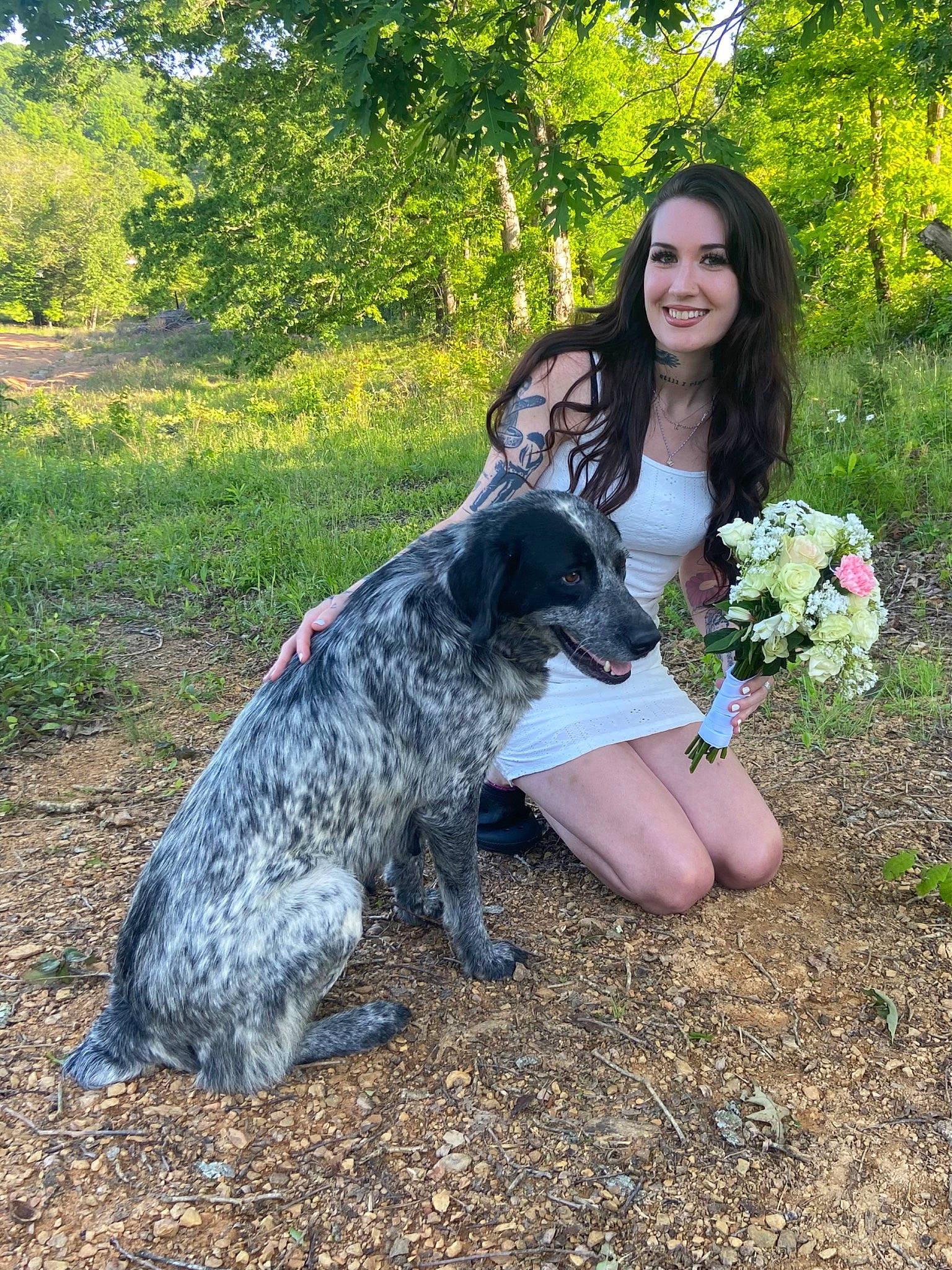 Callie is registered to the contest to win money with this photo: carnivore, companion_dog, dog, dog_breed, event, fawn, formal_wear, fur, grass, gun_dog, happy, people_in_nature, plant, pointing_breed, sitting, smile, soil, sporting_group, tree, working_animal