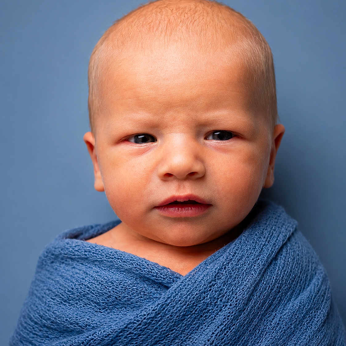 Justin is registered to the contest to win money with this photo: baby, infant, portrait, blue_blanket, wrapped, serious_expression, closeup, head, face, skin, newborn, soft_texture, studio, indoor, person, cute, young_child, warm, babywearing, blue_background