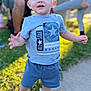 toddler, child, boy, standing, outdoor, sunlight, blue_eyes, shorts, tshirt, sneakers, grass, sidewalk, smile, happy, converse, person, casual_clothing, daylight, blurred_background, playful