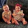 baby, babies, child, smiling, sitting, couch, indoor, headband, bow, striped_clothing, light_clothing, happy, cute, toddler, feet, portrait, infant, two_people, young_child, cozy